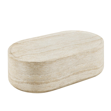 Vyn 52" Oval Coffee Table Concrete Travertine Finish, Modern Organic Large Drum Center Table in Sand - room setting
