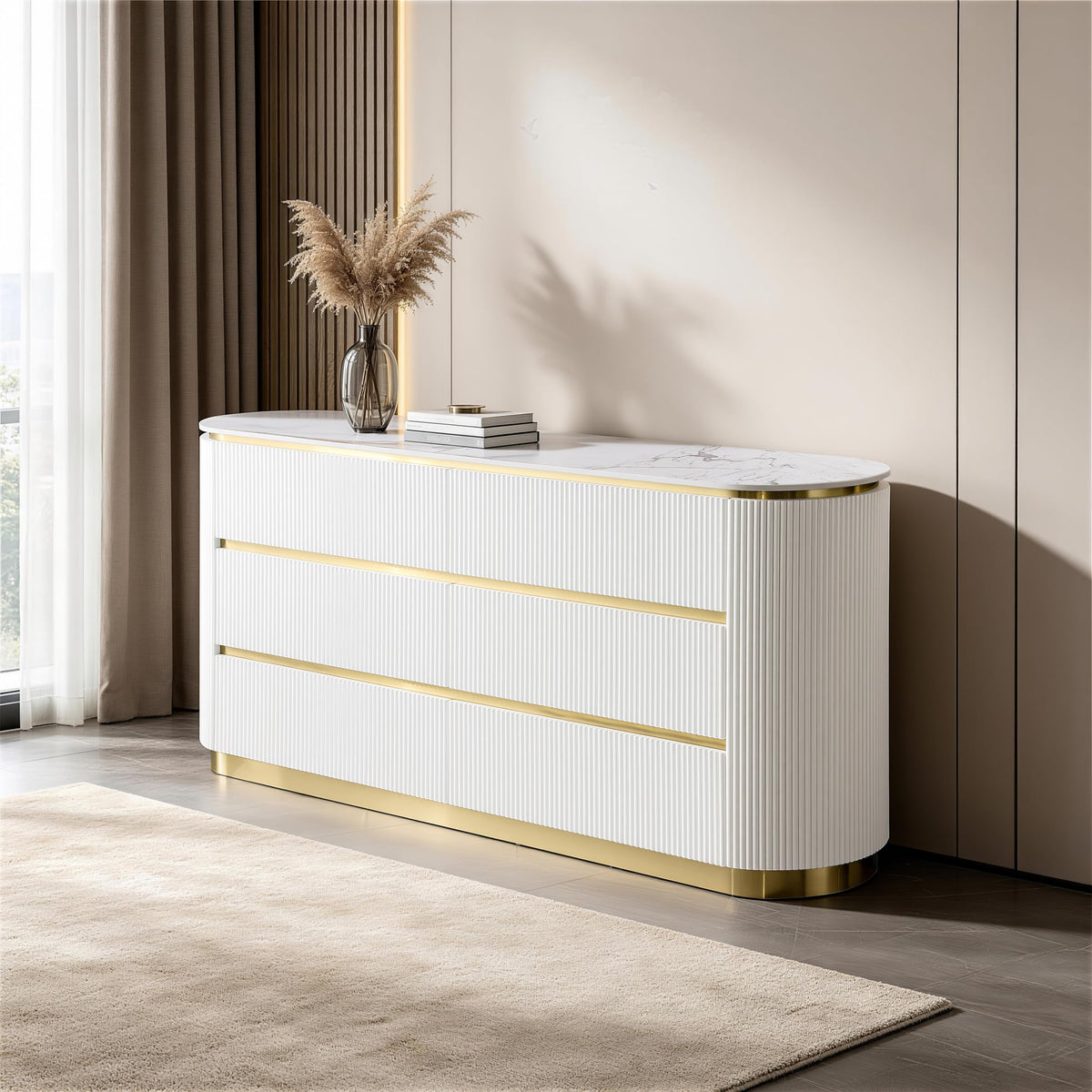 Trandell 65" Wide Modern Glam Faux Marble Top 6-Drawer Dresser - front view