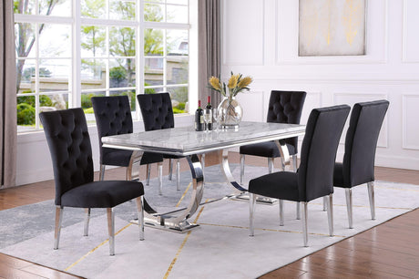 Lexington 7-Piece Rectangle Dining Set with 6 Velvet Upholstered Chairs, Modern Contemporary Design in Black/Silver