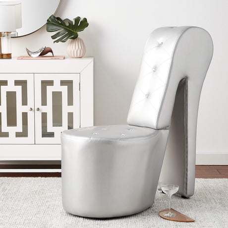 High Heel Faux Leather Shoe Chair with Crystal Studs in Silver - front view