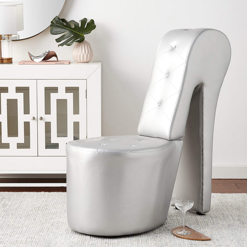 High Heel Faux Leather Shoe Chair with Crystal Studs in Silver