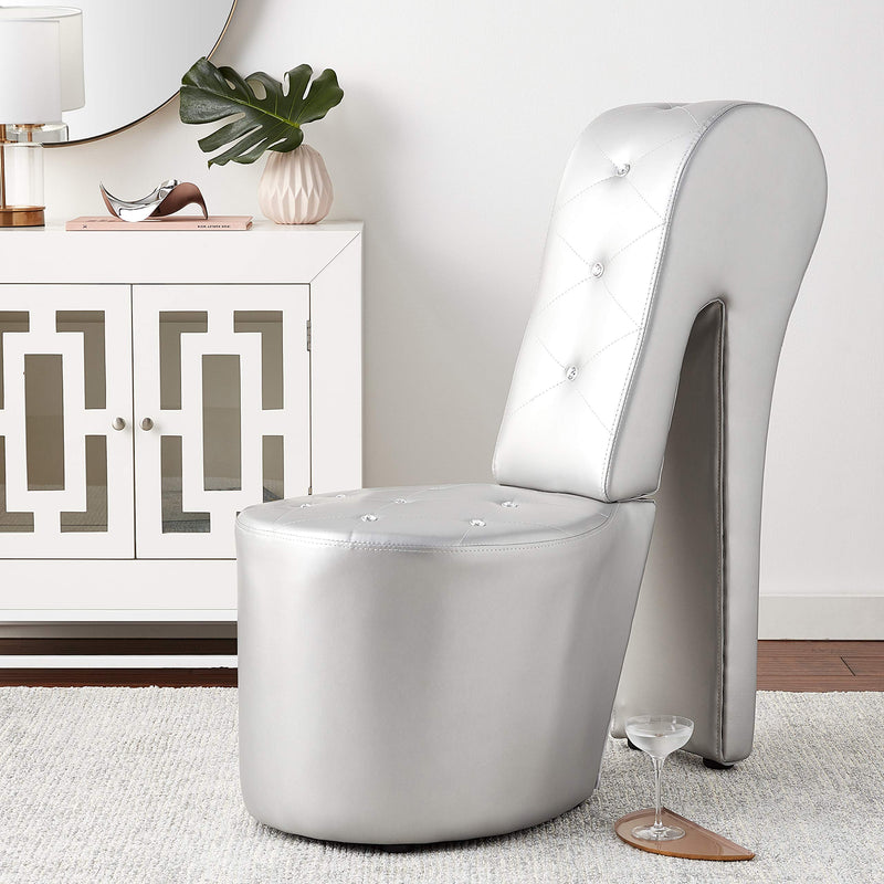 High Heel Faux Leather Shoe Chair with Crystal Studs in Silver