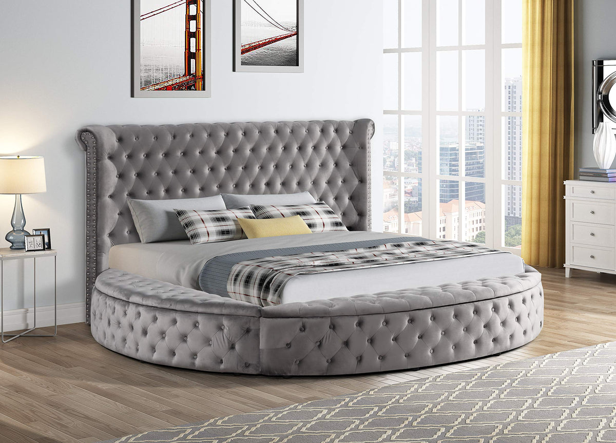 Lexi Round Upholstered Velvet Platform Bed Frame, California King, Grey