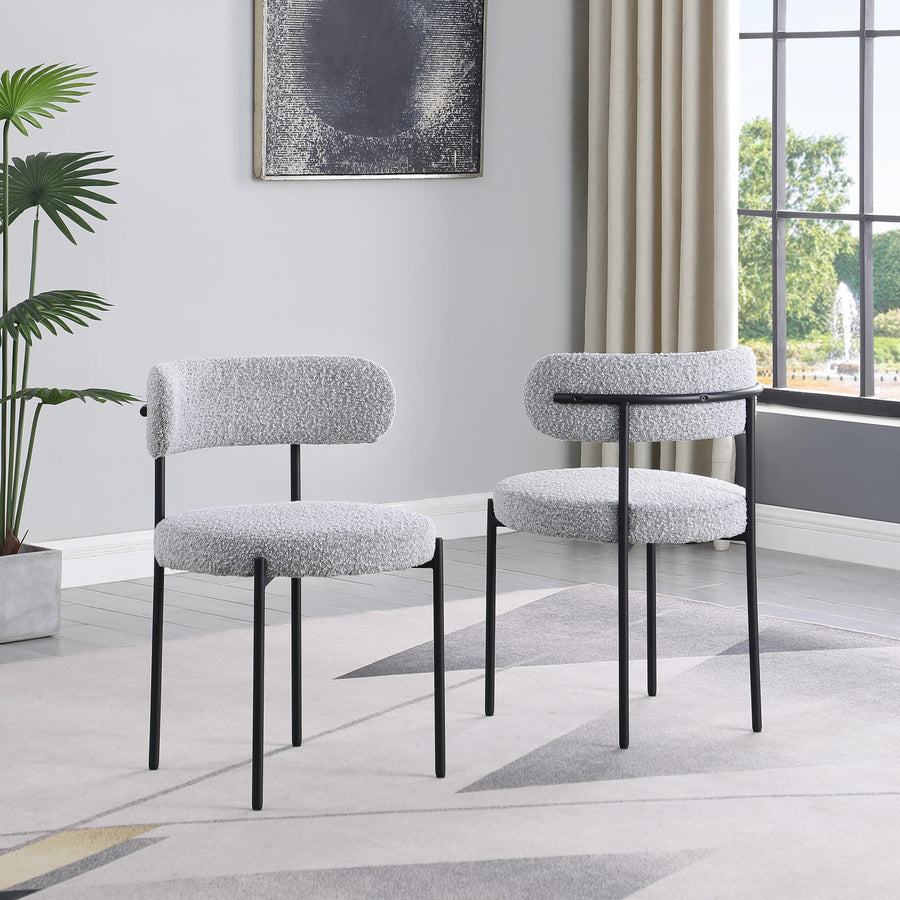 Dobby Contemporary Boucle Dining Chair with Matte Black Metal Legs - Set of 2, Armless Design with Cushioned Seat and Back in Grey
