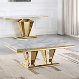 Chihiro grey stone coffee table with gold pedestal base