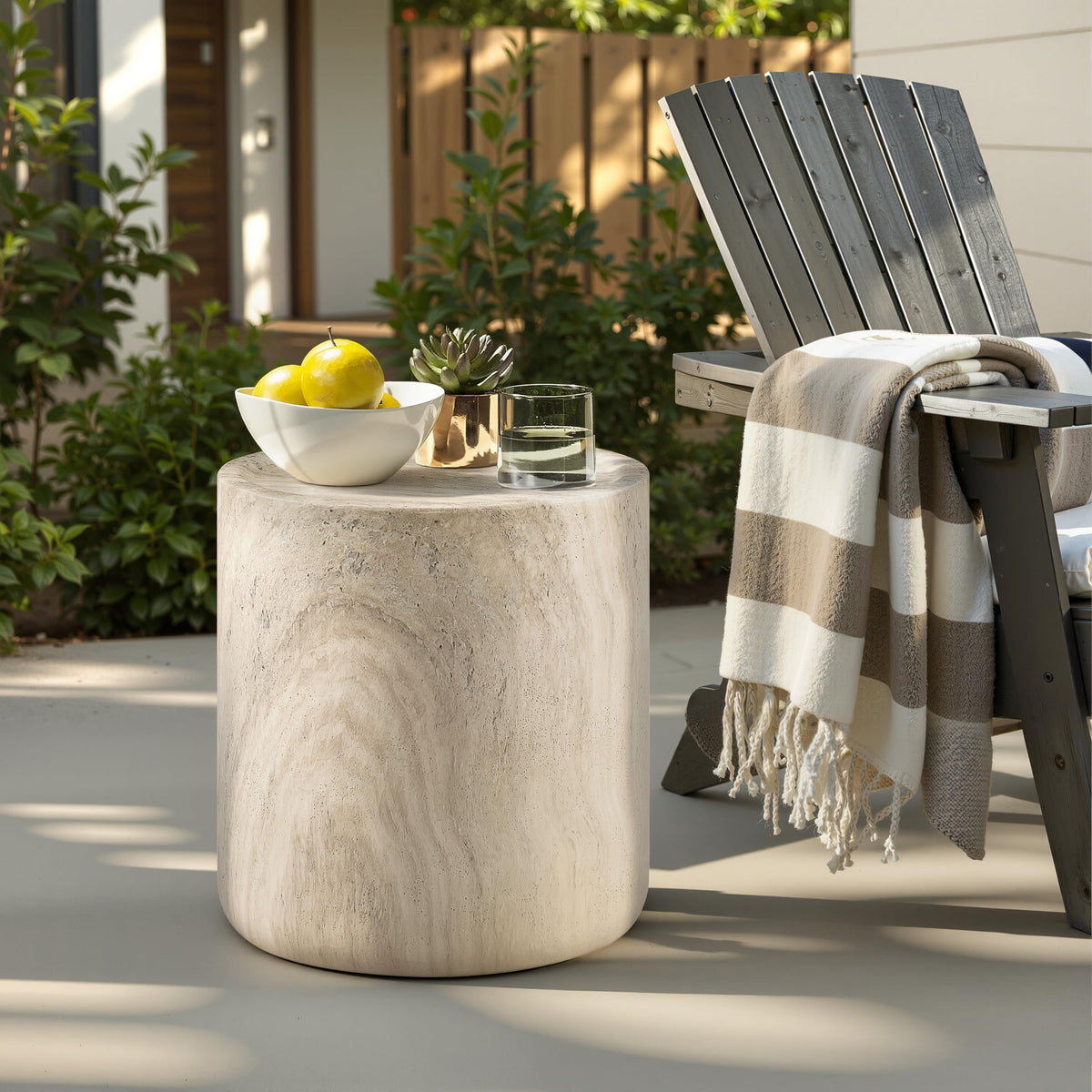 Vyn 18" Round End Table Concrete Travertine Finish, Modern Organic Drum Side Table in Cinnamon - detail view