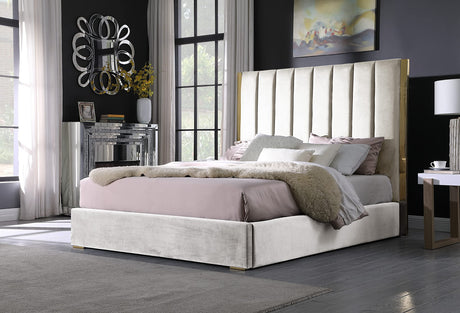 Jalen Modern Velvet Upholstered Platform Bed Frame, Queen, Glam Contemporary Design (Beige - front view