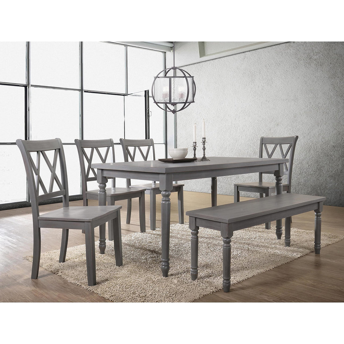 Paige Transitional Wood Frame 6 Pcs Dining Set with Bench in Rustic Grey