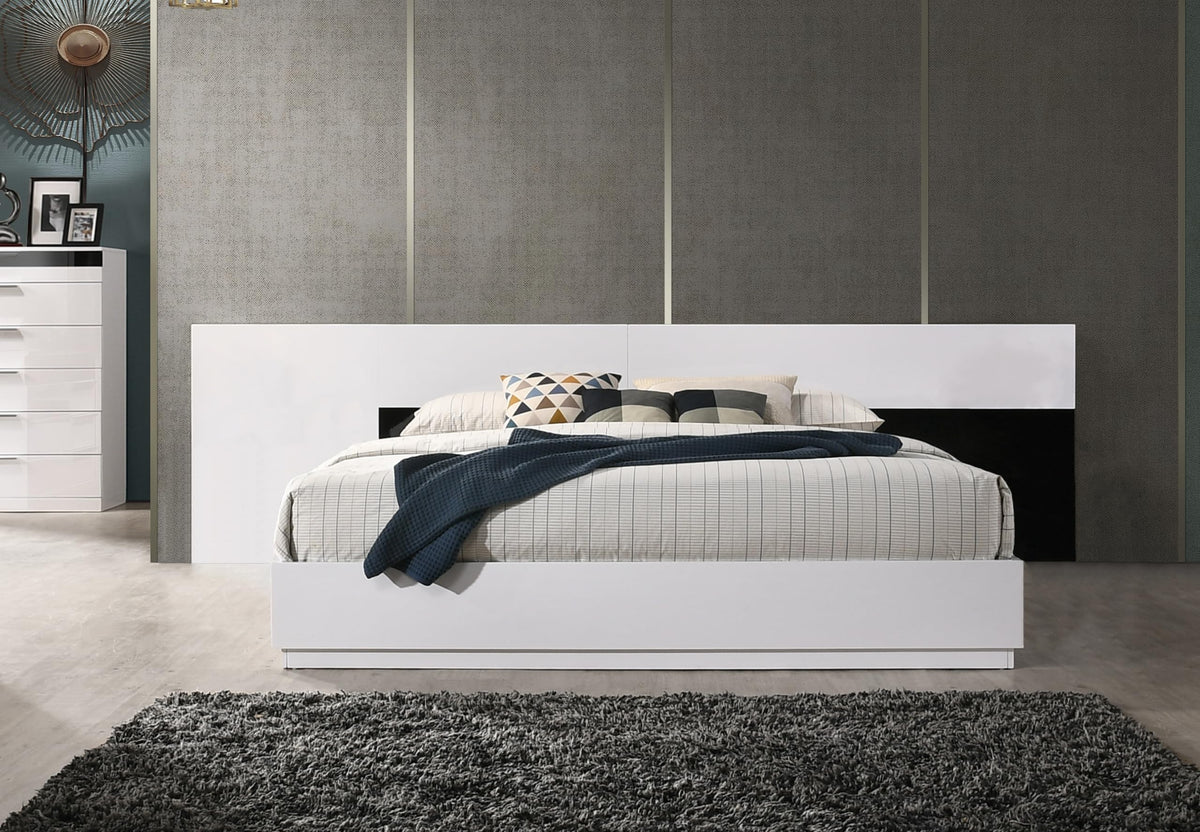 Bahamas Modern Platform Bed with Wide Headboard, Eastern King, Sleek White and Black High Gloss… - detail view
