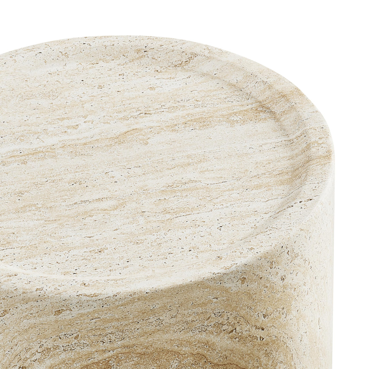 Vyn 18" Round End Table Concrete Travertine Finish, Modern Organic Drum Side Table in Sand - room setting