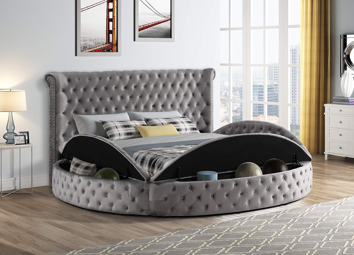 Lexi Round Upholstered Velvet Platform Bed Frame, California King, Grey - front view