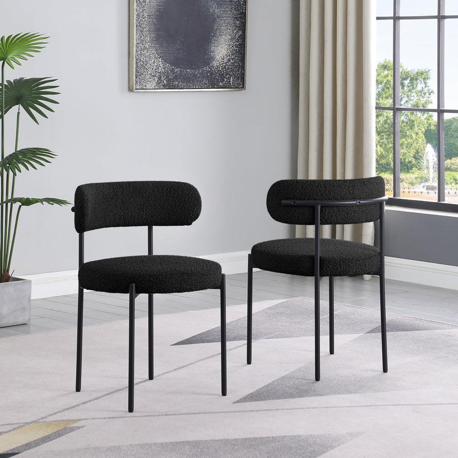 Dobby Contemporary Boucle Dining Chair with Matte Black Metal Legs - Set of 2, Armless Design with Cushioned Seat and Back
