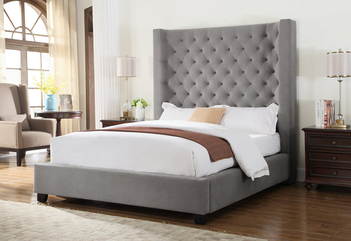 Jamie Contemporary High Profile Design with Tufted Curved Headboard, Queen, Velvet Upholstered… - front view