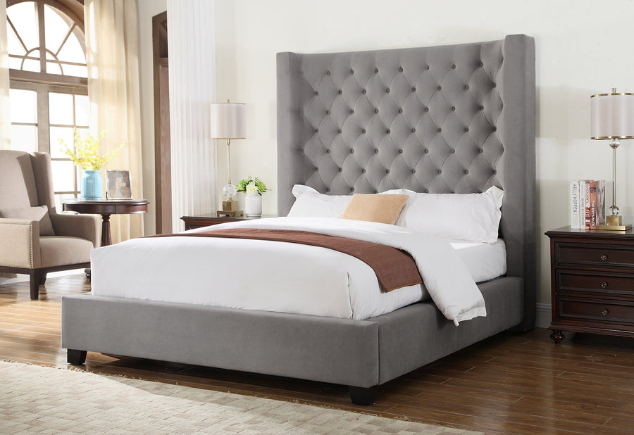 Jamie Upholstered Tower Contemporary Bed, King in Grey