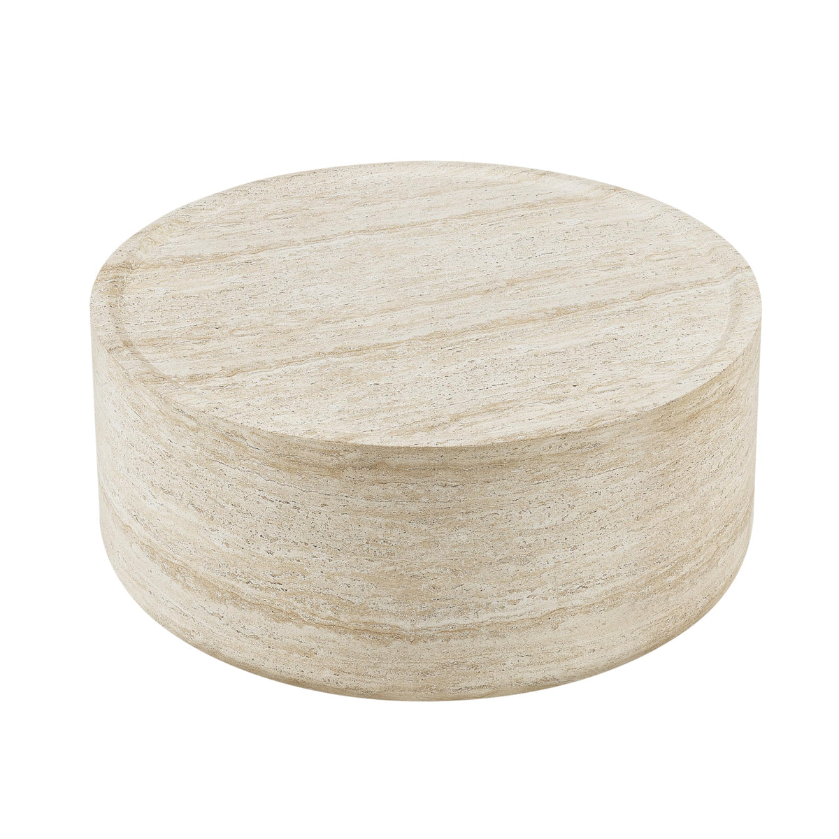 Vyn 36" Round Coffee Table Concrete Travertine Finish, Modern Organic Drum Center Table in Sand - angle view