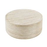 Vyn 36" Round Coffee Table Concrete Travertine Finish, Modern Organic Drum Center Table in Sand - angle view