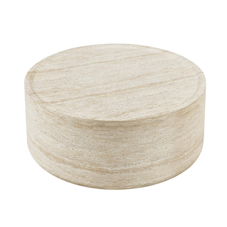 Vyn 36" Round Coffee Table Concrete Travertine Finish, Modern Organic Drum Center Table in Sand - angle view