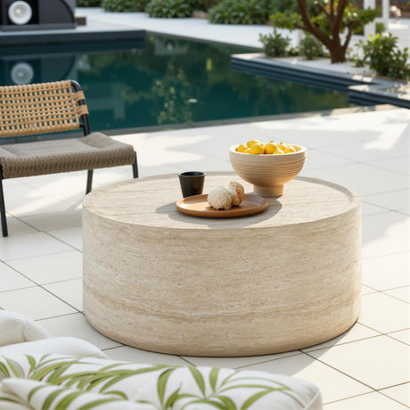 Vyn 36" Round Coffee Table Concrete Travertine Finish, Modern Organic Drum Center Table in Sand - detail view