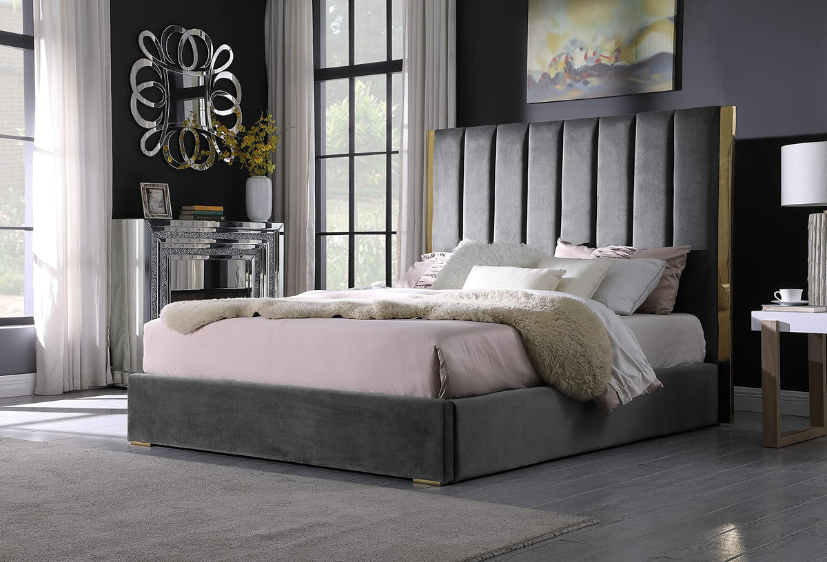 Jalen Modern Velvet Upholstered Platform Bed Frame, King, Glam Contemporary Design (Dark Gray - front view