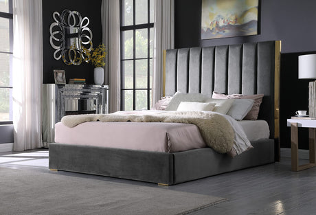 Jalen Modern Velvet Upholstered Platform Bed Frame, Queen, Glam Contemporary Design (Dark Gray - front view