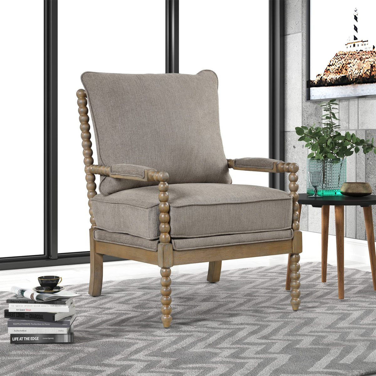Hanako Accent Chair in Taupe And Natural Oak - front view
