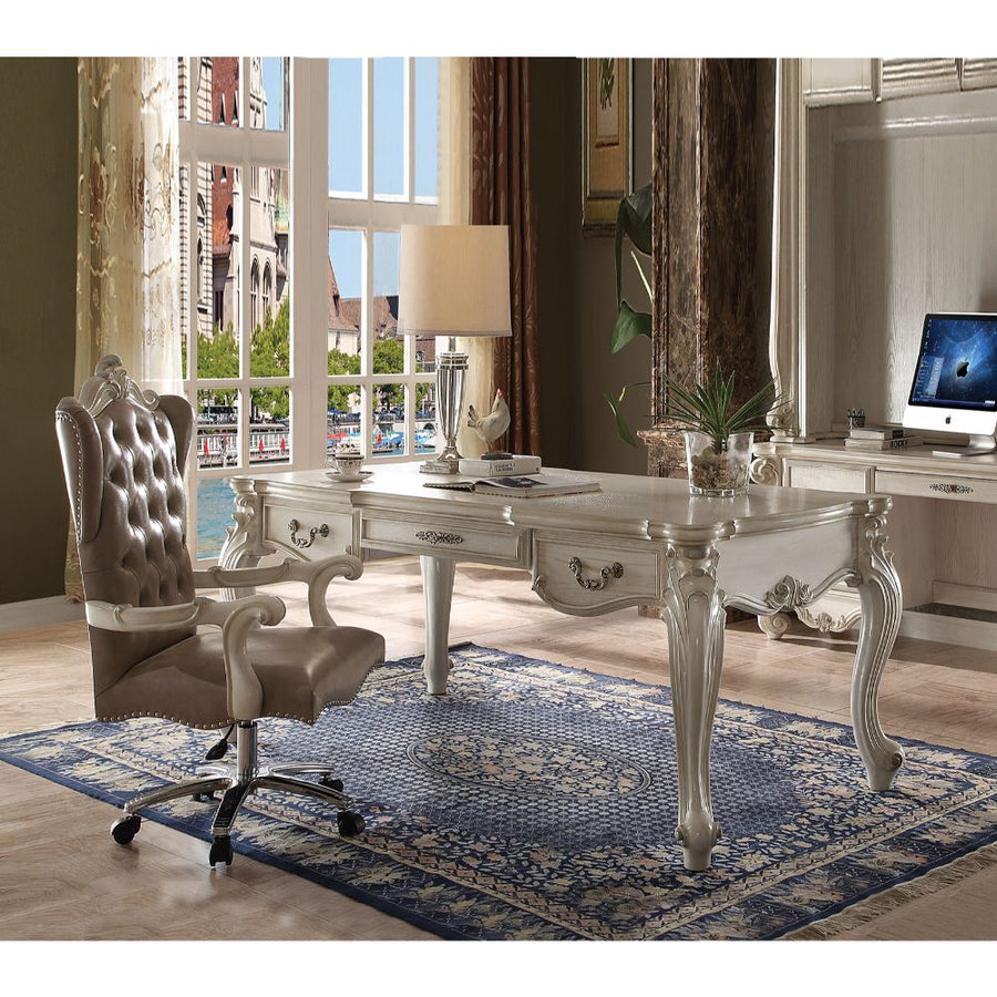 Versailles Home Office & Vanity Collection - Carved Scrollwork Desks, Lighted Hutch & Tufted Chair in Bone White, Cherry Oak or Antique Platinum
