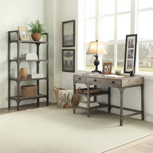 Gorden Industrial Writing Desk - 3 Drawers & 2 Shelves in Weathered Oak & Antique Silver
