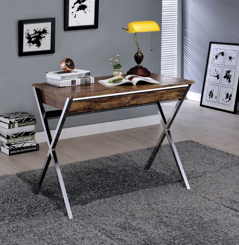 Callers Writing Desk - Chrome X-Shape Legs & 2 Drawers in Weathered Oak