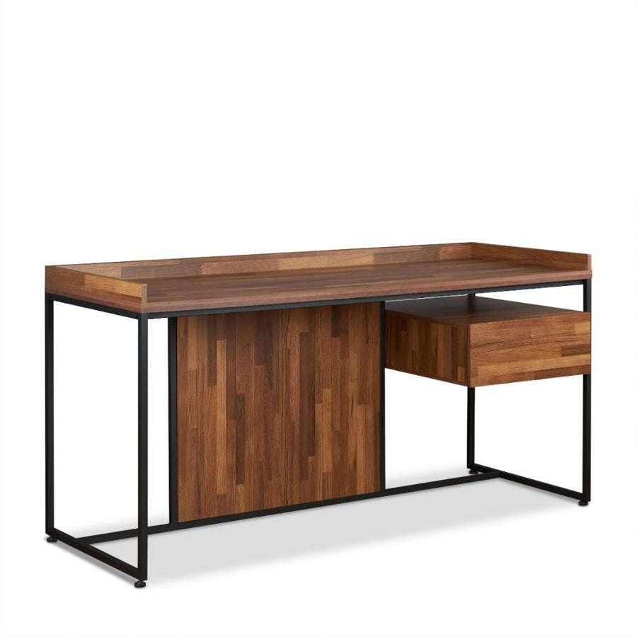 Sara Writing Desk - Walnut Top & Drawer on Sandy Black Metal Sled Base