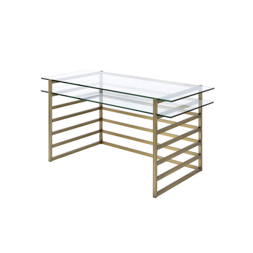 Shona Glam Writing Desk - Clear Tempered Glass Top & Shelf on Antique Gold Frame