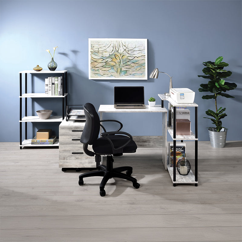 Ievi L-Shaped Writing Desk with Side Bookshelf - Metal Frame in Antique White or Black