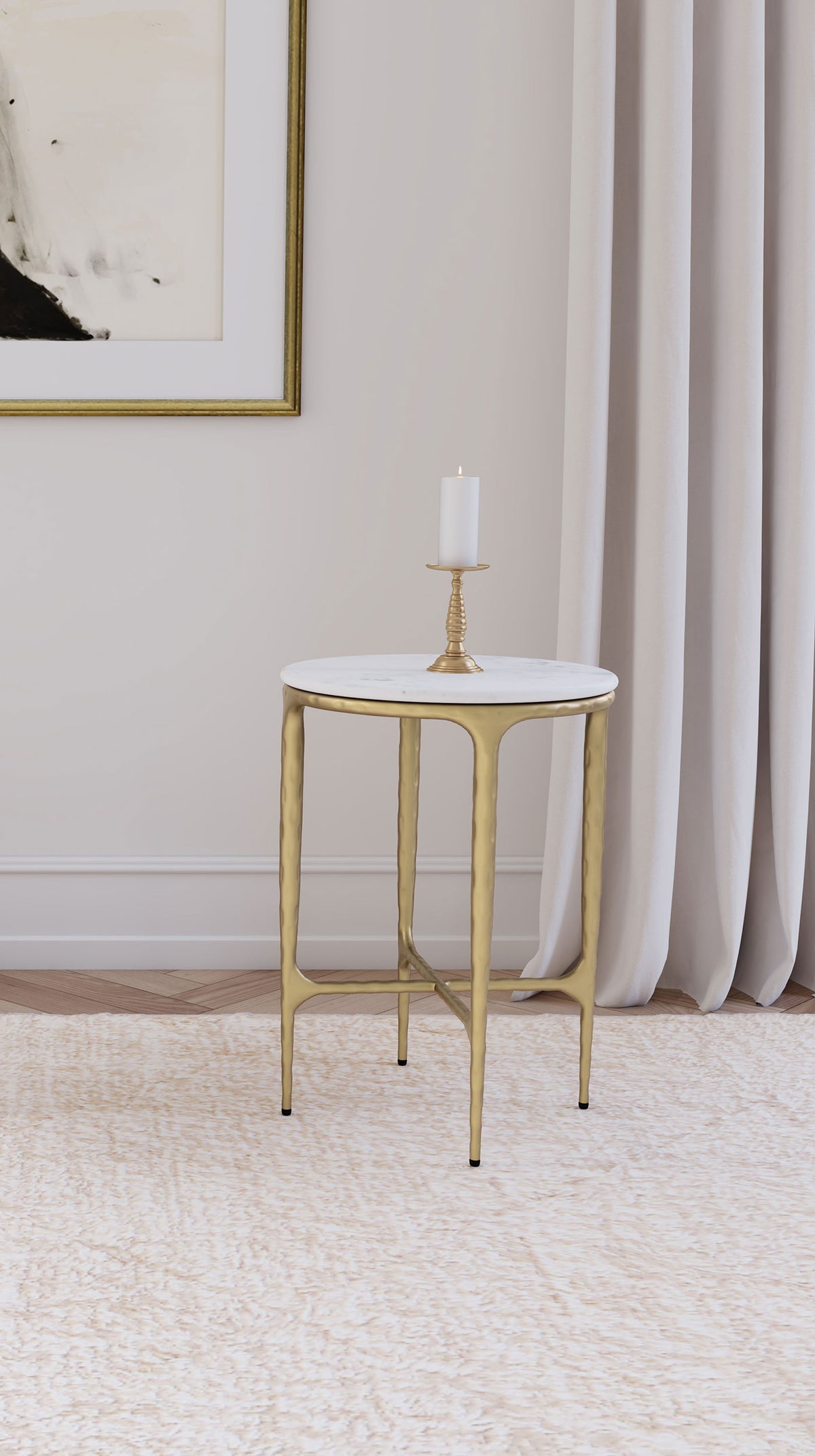 Baldwin Round Marble Top Side Table - Hand-Hammered Gold Base with Genuine White Marble – view 1