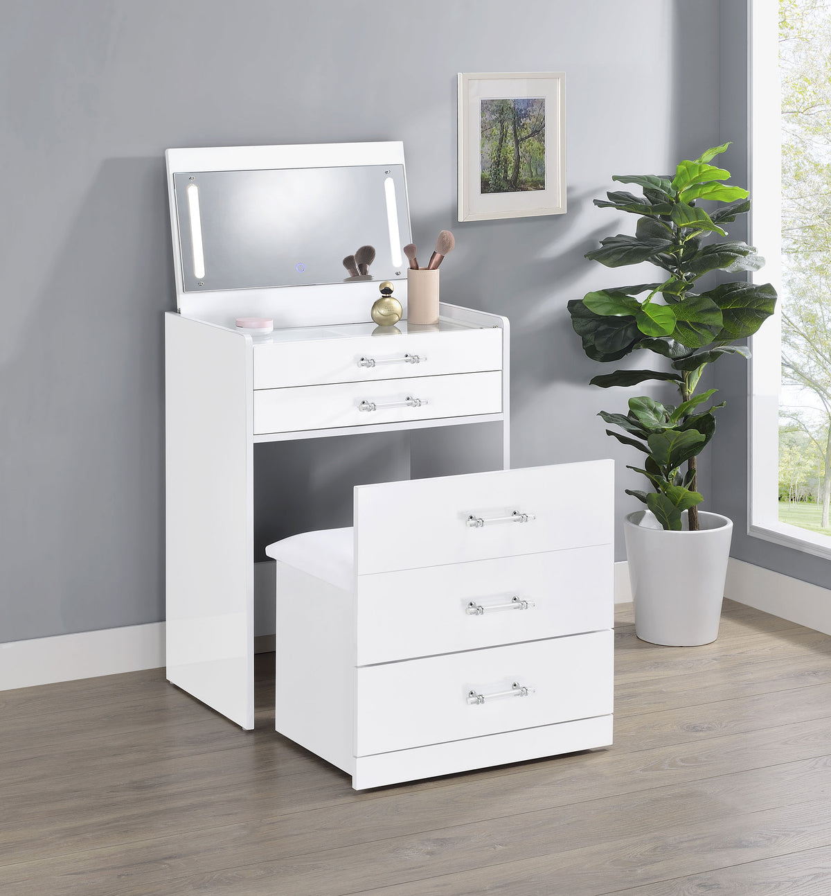 Danbury Makeup Vanity & Stool Set - LED Flip-Top Mirror, USB Ports & Glass Top in White High Gloss – view 3
