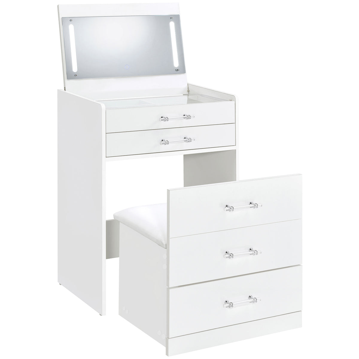 Danbury Makeup Vanity & Stool Set - LED Flip-Top Mirror, USB Ports & Glass Top in White High Gloss – view 6