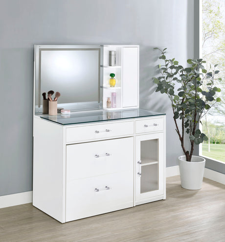 Flora Vanity Set with Touch LED Mirror & Stool - 2 Drawers, Fluted Cabinet in White High Gloss – view 1