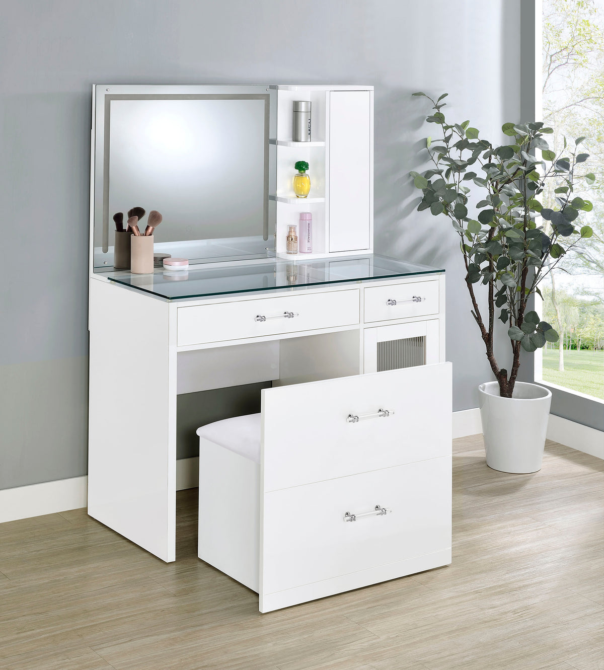 Flora Vanity Set with Touch LED Mirror & Stool - 2 Drawers, Fluted Cabinet in White High Gloss – view 3