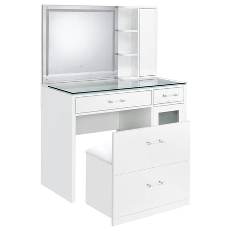 Flora Vanity Set with Touch LED Mirror & Stool - 2 Drawers, Fluted Cabinet in White High Gloss – view 6