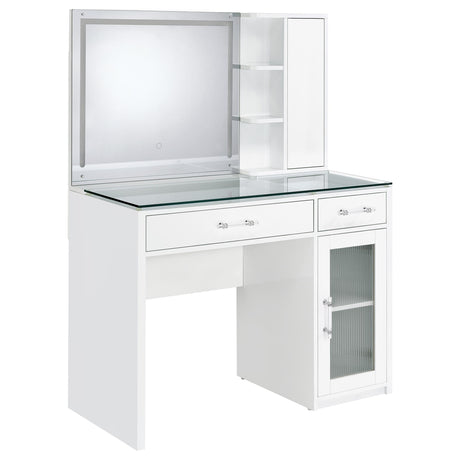 Flora Vanity Set with Touch LED Mirror & Stool - 2 Drawers, Fluted Cabinet in White High Gloss – view 7