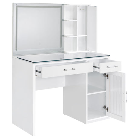 Flora Vanity Set with Touch LED Mirror & Stool - 2 Drawers, Fluted Cabinet in White High Gloss – view 8