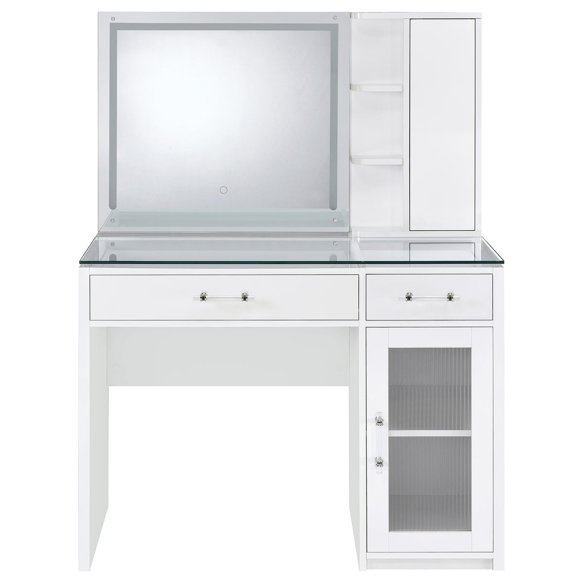 Flora Vanity Set with Touch LED Mirror & Stool - 2 Drawers, Fluted Cabinet in White High Gloss – view 9
