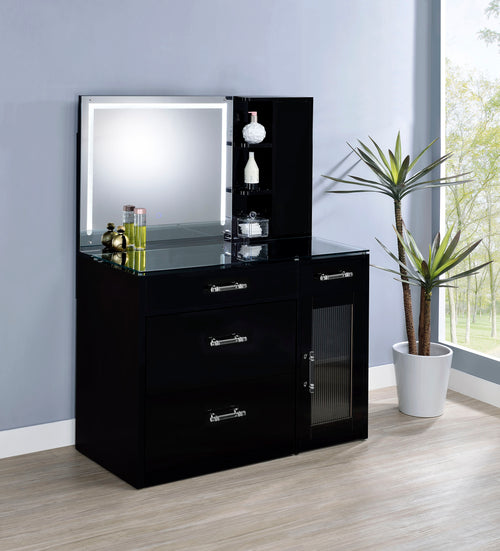 Flora Makeup Vanity Set with LED Mirror & Stool - 2 Drawers, Fluted Cabinet & Glass Top in Black High Gloss