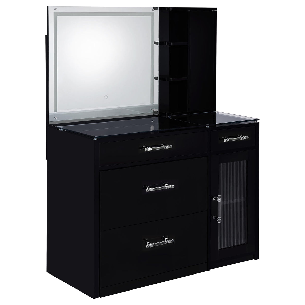 Flora Makeup Vanity Set with LED Mirror & Stool - 2 Drawers, Fluted Cabinet & Glass Top in Black High Gloss – view 4