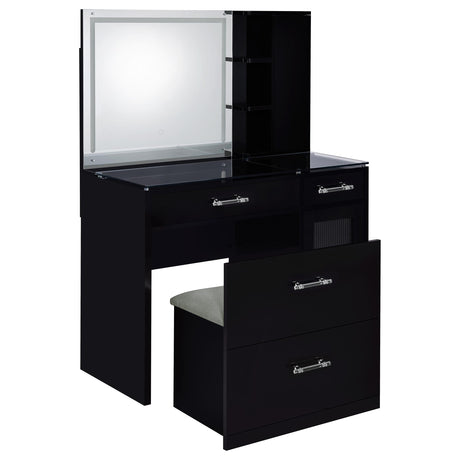 Flora Makeup Vanity Set with LED Mirror & Stool - 2 Drawers, Fluted Cabinet & Glass Top in Black High Gloss – view 6
