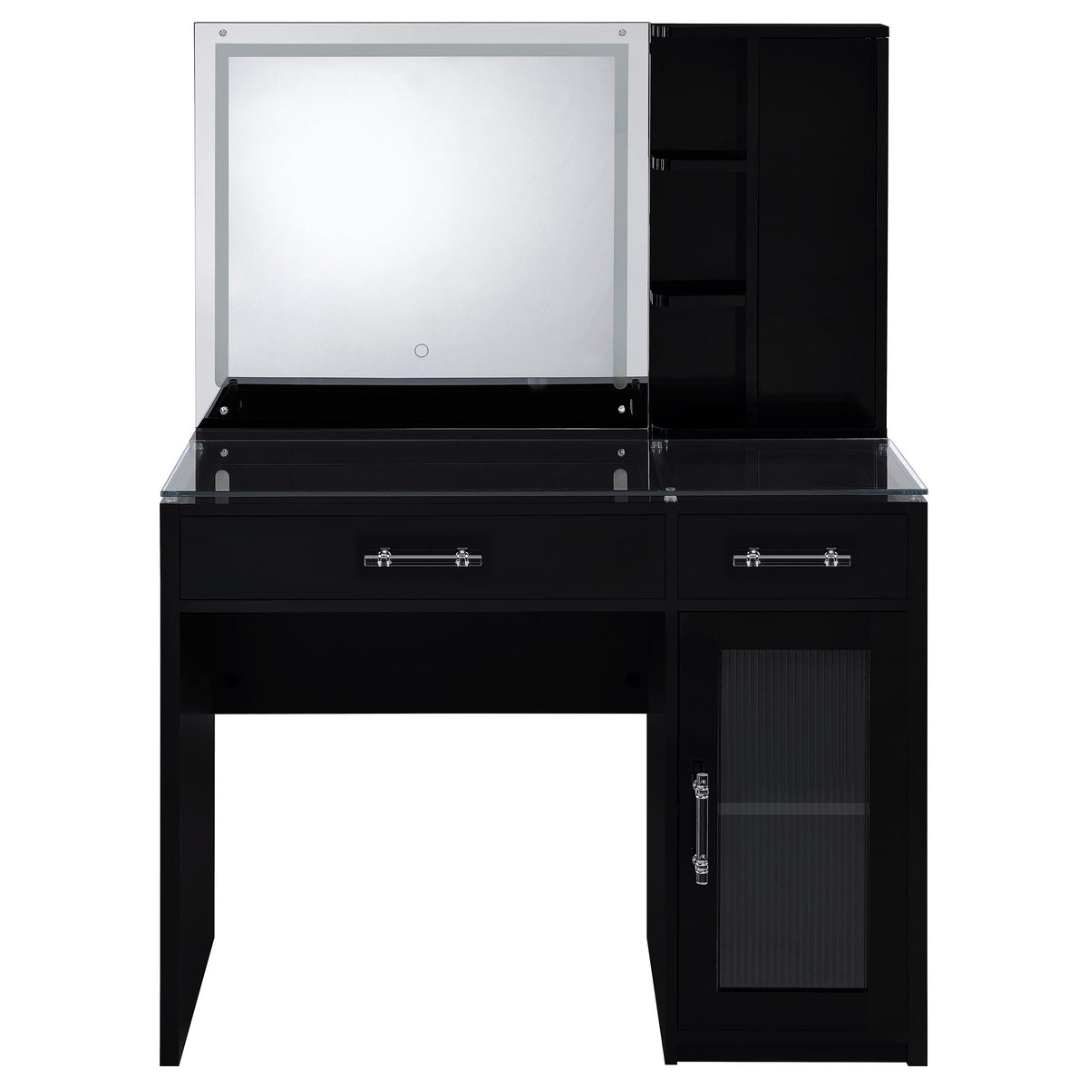 Flora Makeup Vanity Set with LED Mirror & Stool - 2 Drawers, Fluted Cabinet & Glass Top in Black High Gloss – view 9