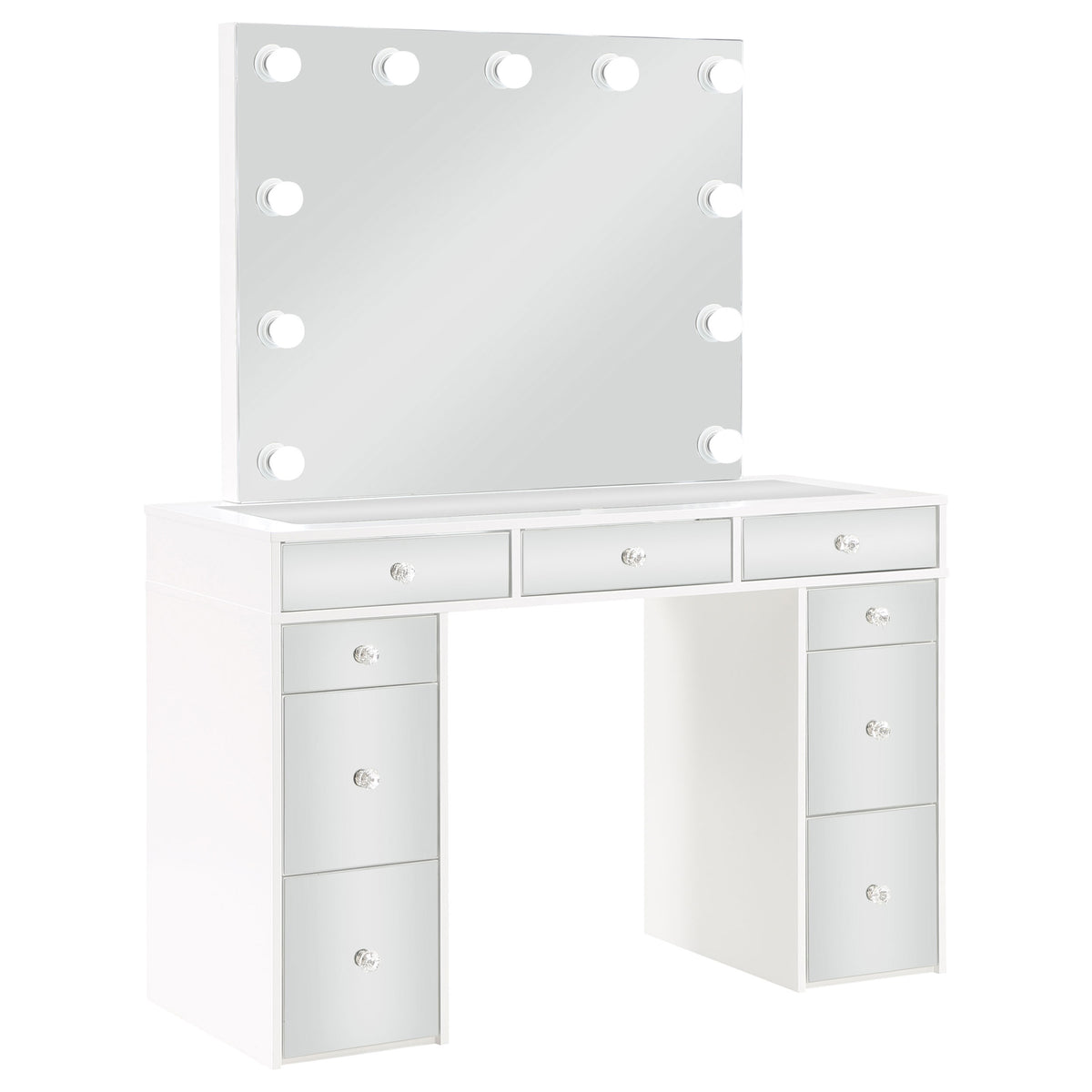 Regina Makeup Vanity Set with Lighted Mirror & Stool - 9 Mirrored Drawers in White – view 3