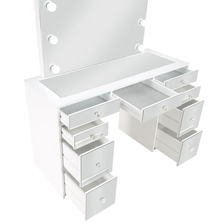 Regina Makeup Vanity Set with Lighted Mirror & Stool - 9 Mirrored Drawers in White – view 10