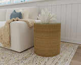Halden Round Woven Seagrass Accent Side Table - Clear Glass Top in Light Brown, Coastal Style – view 1