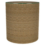 Halden Round Woven Seagrass Accent Side Table - Clear Glass Top in Light Brown, Coastal Style – view 3