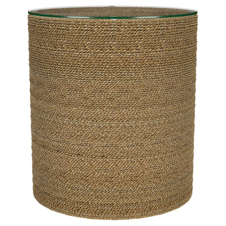 Halden Round Woven Seagrass Accent Side Table - Clear Glass Top in Light Brown, Coastal Style – view 3