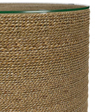 Halden Round Woven Seagrass Accent Side Table - Clear Glass Top in Light Brown, Coastal Style – view 5